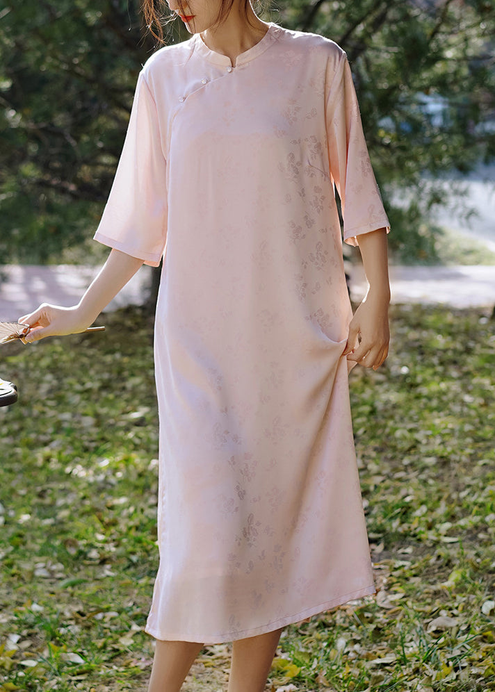 Pink Stand Collar Jacquard Silk Dresses Bracelet Sleeve