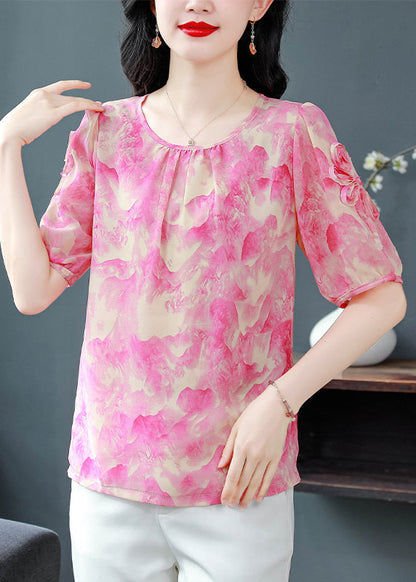 Rose O Neck Print Chiffon Blouses Summer