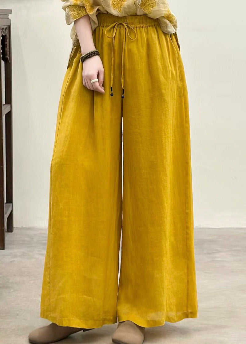 Yellow Pockets Elastic Waist Linen Pants Summer