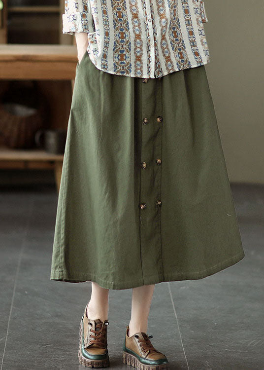 Army Green Pocket Patchwork Cotton a Line Skirt Spring