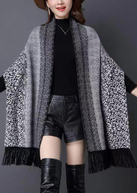 Grey V Neck Tasseled Patchwork Knit Cardigans Fall