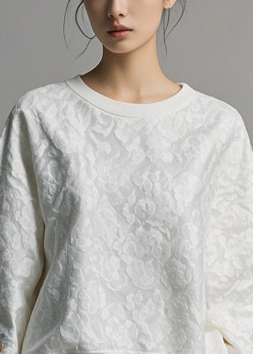 Jacquard White O Neck Cotton Sweatshirt Fall