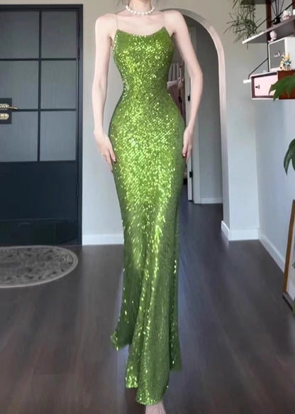 Slim Fit Green Sequins Spaghetti Strap Dress Sleeveless