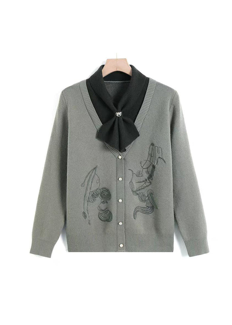 Green Bow Patchwork Knit Pullover Spring