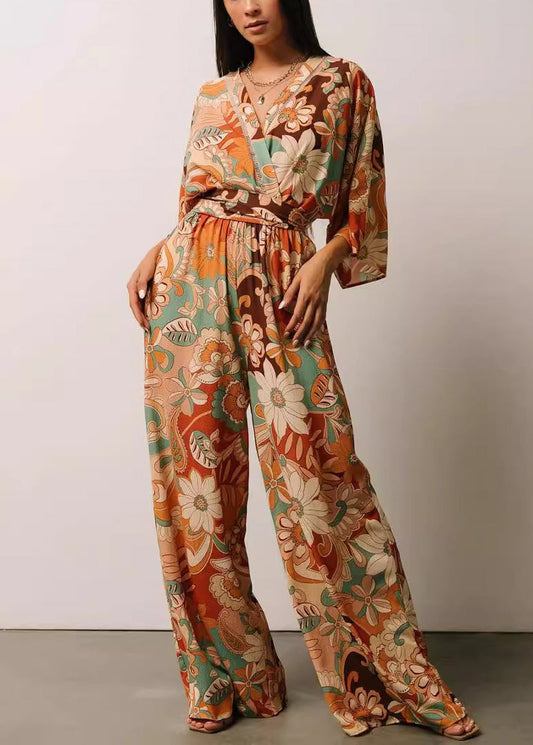 Orange V Neck Print Lace Up Jumpsuits Half Sleeve
