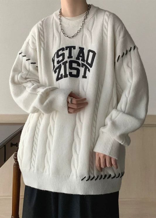 White Print Cozy Cotton Knit Winter Sweaters O Neck