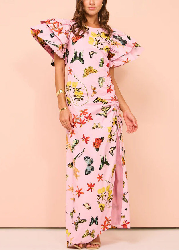 Pink Print Lace Up Side Open Cotton Dresses Butterfly Sleeve