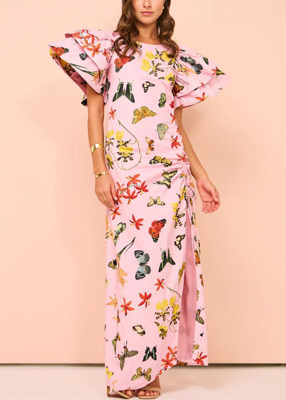Pink Print Lace Up Side Open Cotton Dresses Butterfly Sleeve