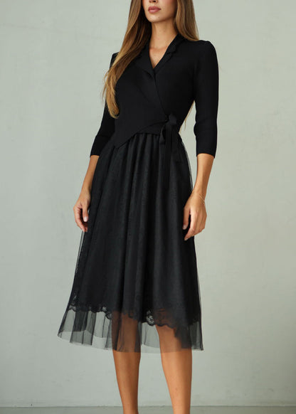 Camel Lace Up Tulle Patchwork Knit Dresses Fall