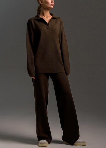 Modern Khaki Sweaters and Wide Leg Pants Knit Two-piece Set Winter