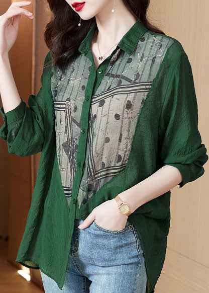Green Peter Pan Collar Print Patchwork Cotton Blouses Long Sleeve