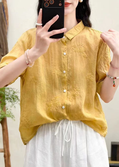 Boutique Yellow Embroidered Linen Loose Shirts Summer
