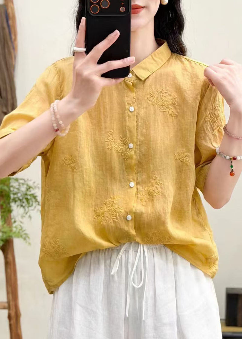 Boutique Yellow Embroidered Linen Loose Shirts Summer