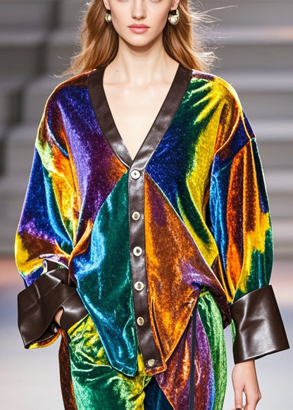 Multicolour V Neck Patchwork Silk Velvet Coat Fall