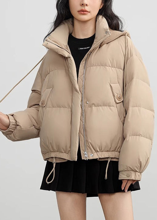 Khaki Button Pockets Drawstring Duck Down Puffer Coat