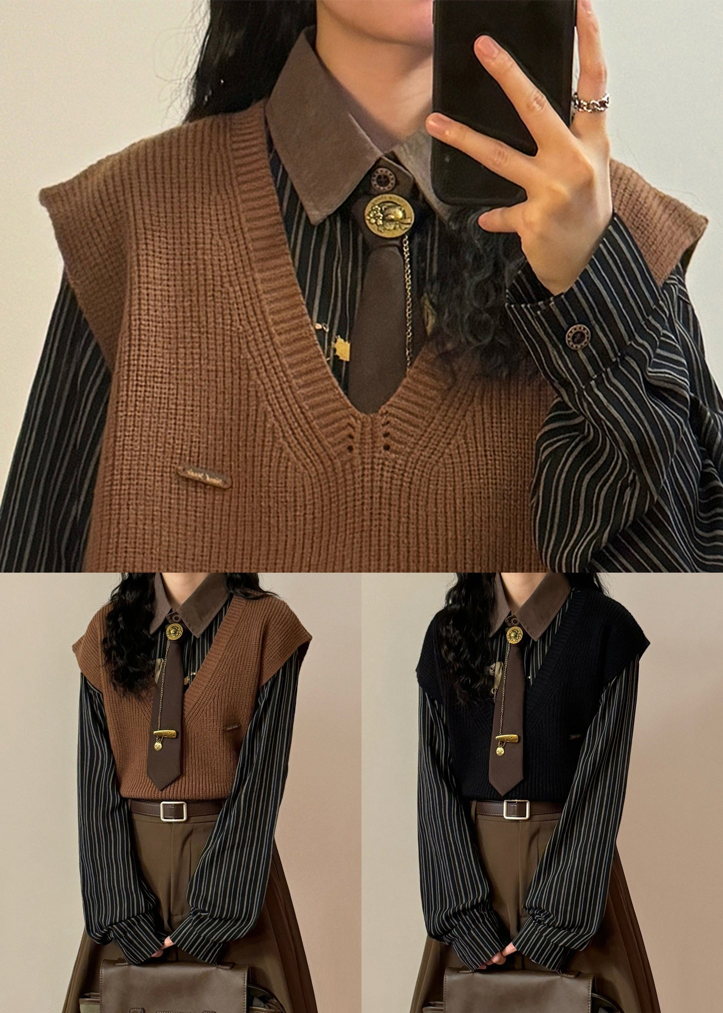 Simple Coffee V Neck Knit Vest Sleeveless