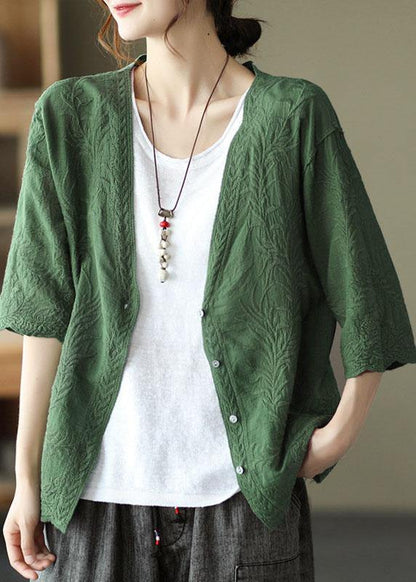 White Cotton V Neck Embroidered Half Sleeve Tops