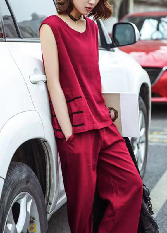 Loose Red O-neck Patchwork Top and Crop Pants Two Piece Set Clothing Summer