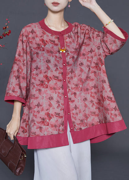 Red Print Cotton Shirt Oversized Bracelet Sleeve