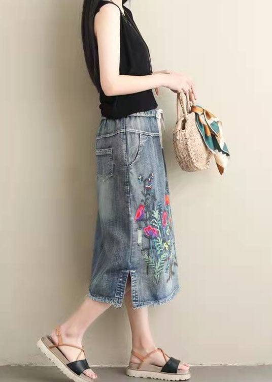 Light Blue Embroidered Pockets A-line Summer Denim Skirts