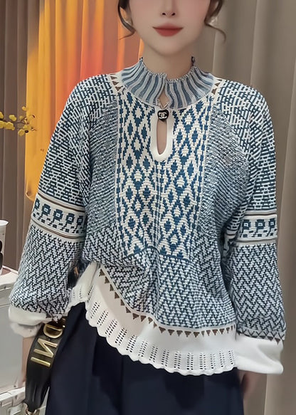 Blue Stand Collar Print Knit Sweater Fall