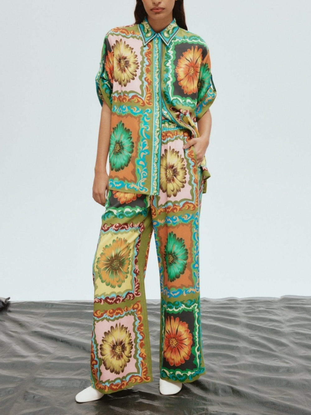 Sunflower Print Button-down Oversized Shirt