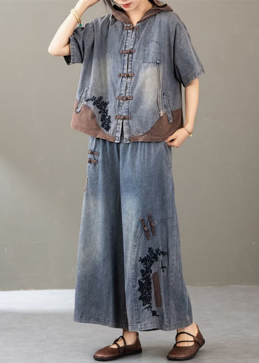New Blue Embroidered Tops and Wide Leg Pants Two Pieces Set Summer