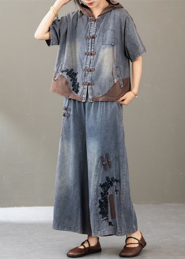New Blue Embroidered Tops and Wide Leg Pants Two Pieces Set Summer
