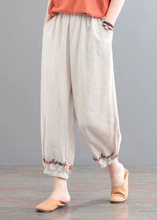Organic Beige Embroidered Pockets Crop Pants Summer