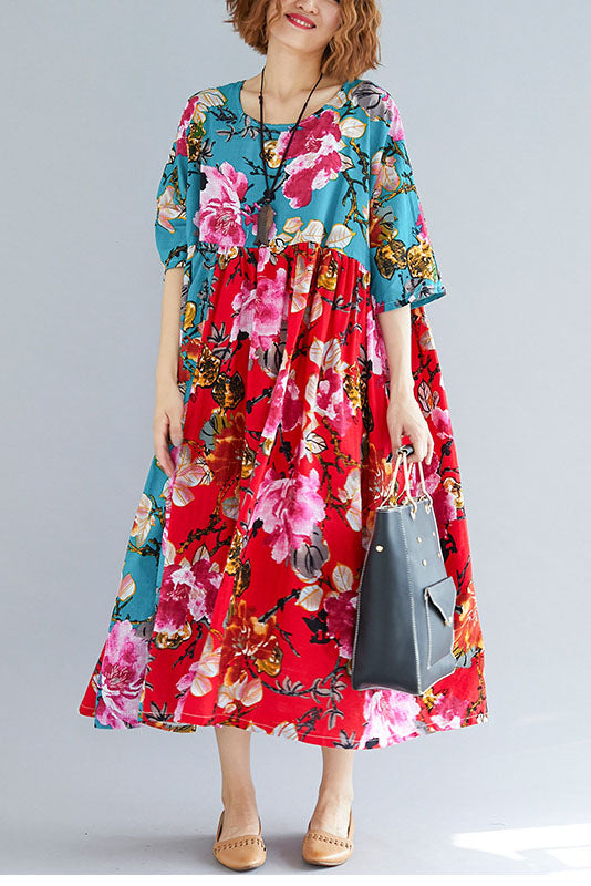 -summer Red Printed Loose Dress