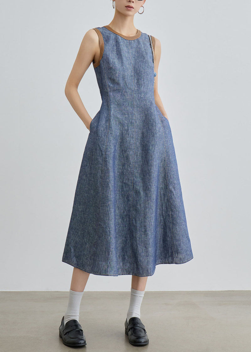 Fitted Blue O Neck Patchwork Denim Long Dress Sleeveless