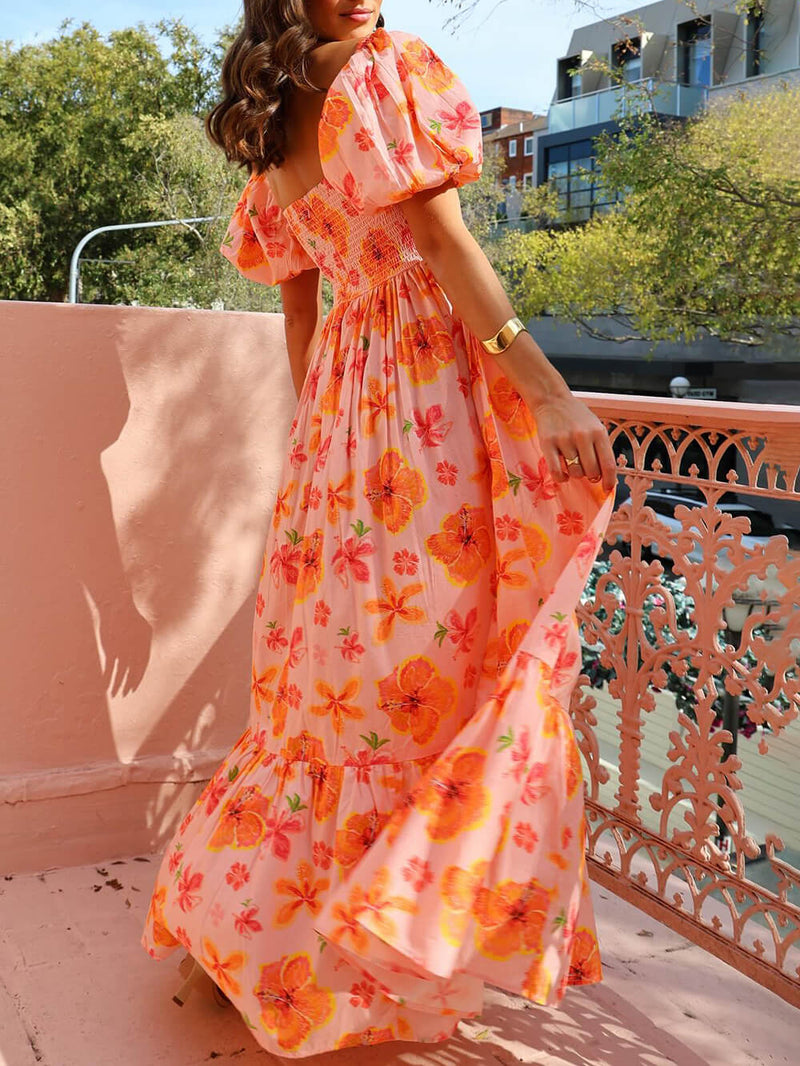 Puff Sleeve Print Back Smocked Pocket Maxi Dress