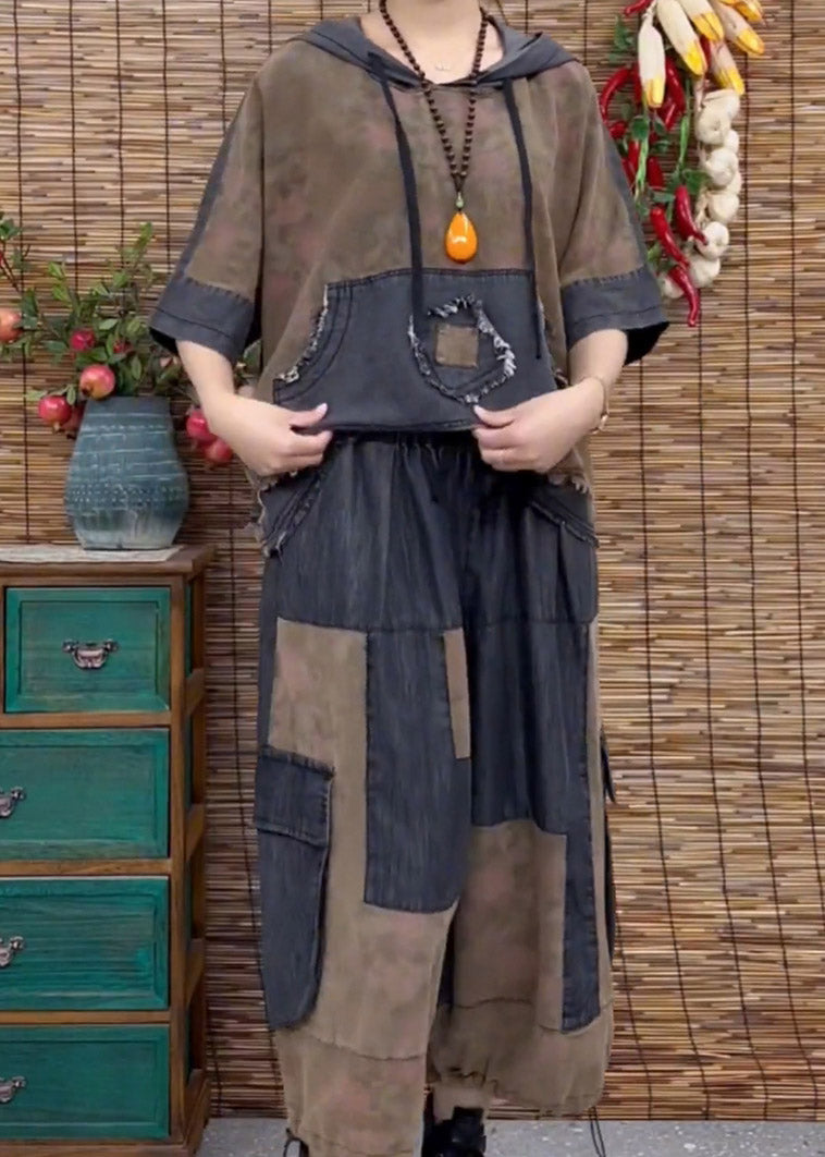 Blue Patchwork Hooded Top and Wide Leg Pants Two Pieces Set Summer