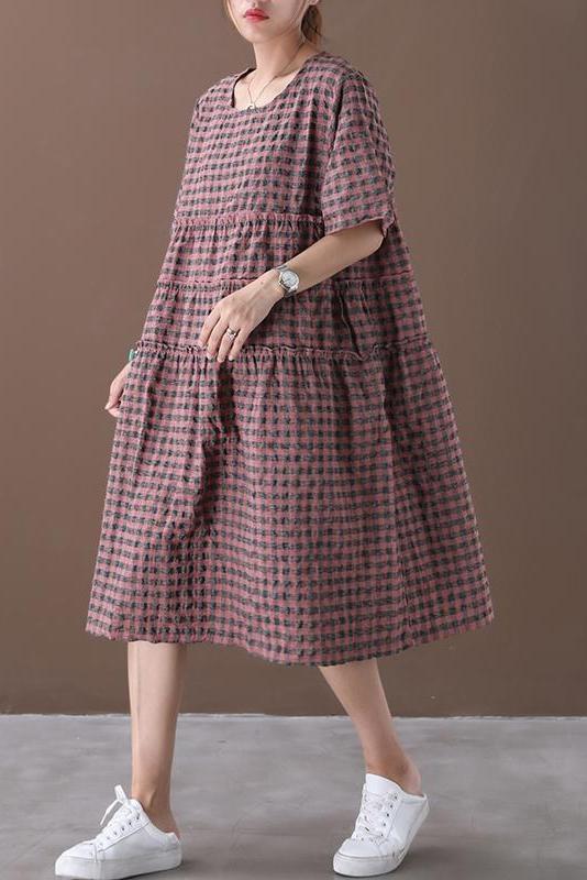 Limited Stock- Summer Plaid Round Neck Cotton Linen Midi Dress