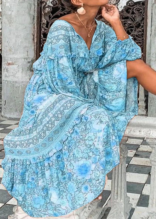 Pink V Neck Print Ruffled Cotton Long Dress Spring