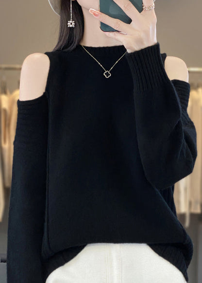 Style Grey O-neck Cold Shoulder Woolen Knit Sweaters Spring