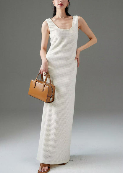 White Plaid Cotton Long Dress Sleeveless