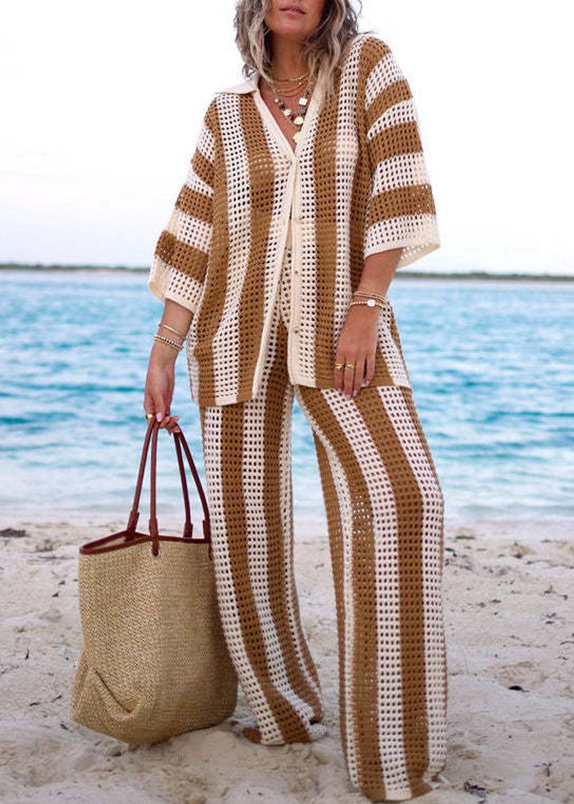 French Khaki Hollow Out Tops and Pants Knit Two Pieces Set Long Sleeve