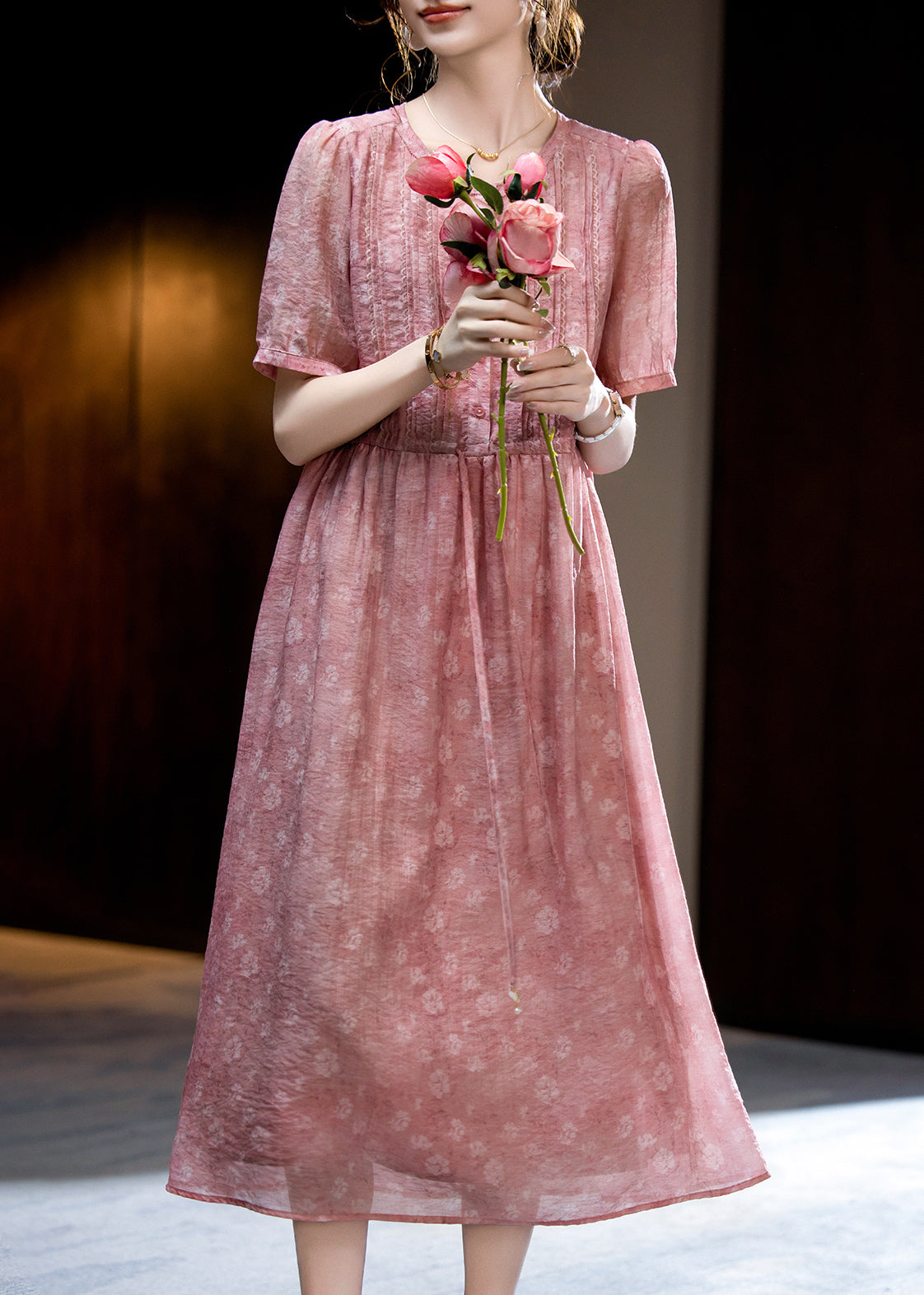 Loose Dark Pink O-neck Print Wrinkled Silk Long Dress Short Sleeve