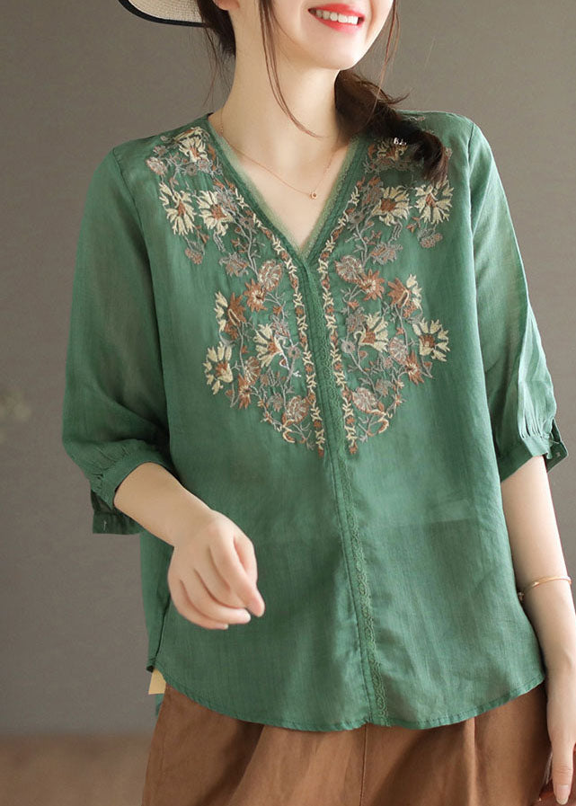 Green Linen Blouses V Neck Embroidered Oversized Half Sleeve