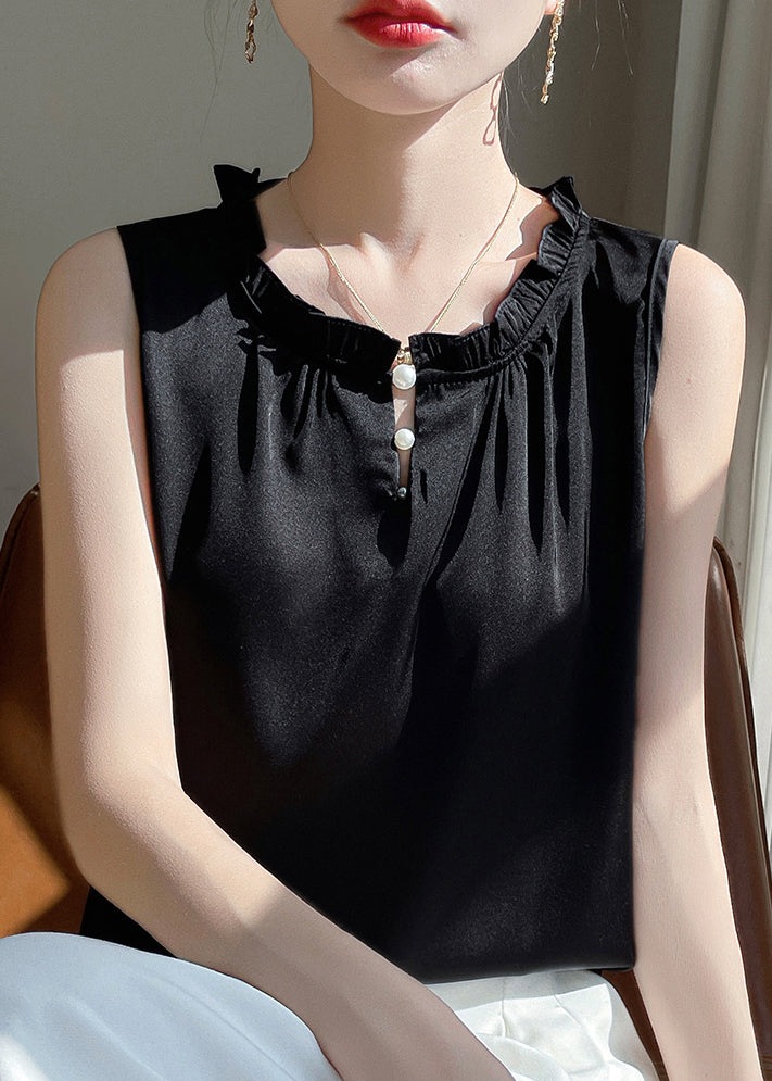 Black Button Silk Sleeveless Blouse Ruffled