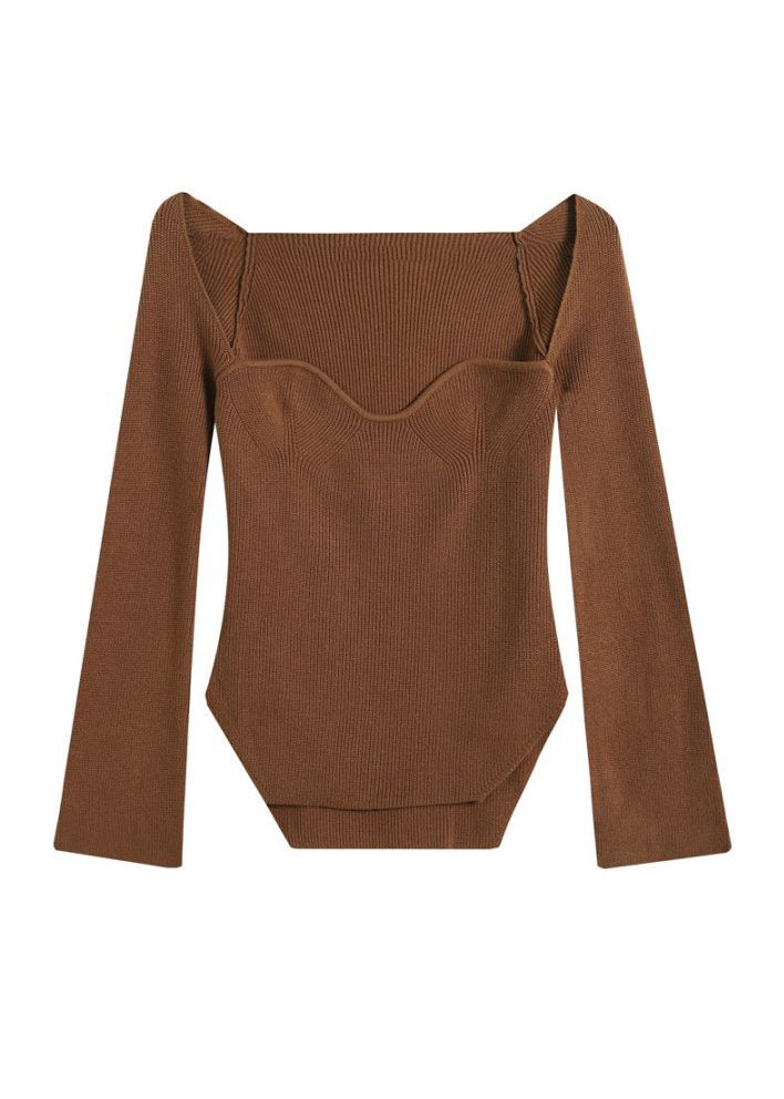 French White Slash Neck Slim Fit Knit Blouse Tops Spring