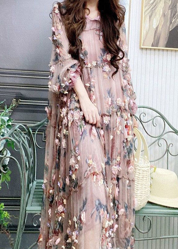 Modern Embroidered Ruffled Tulle Long Dress Lantern Sleeve