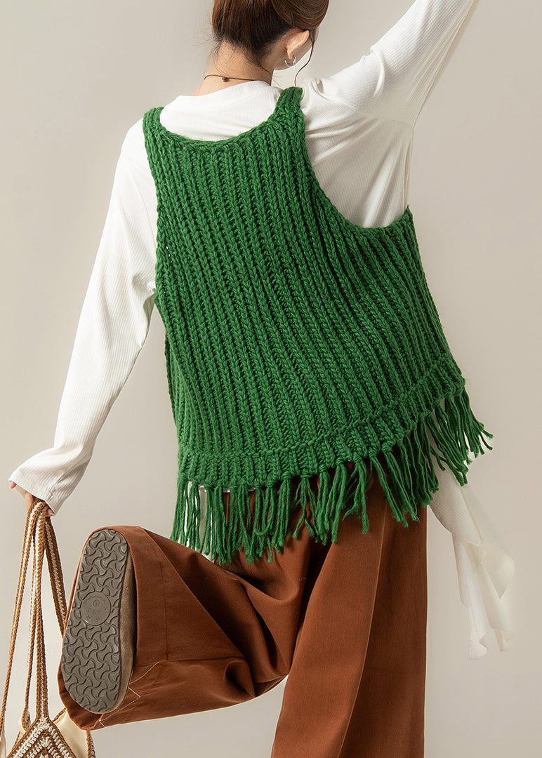 Green V Neck Tasseled Knit Vest and White Cotton T Shirt Two Pieces Set Fall