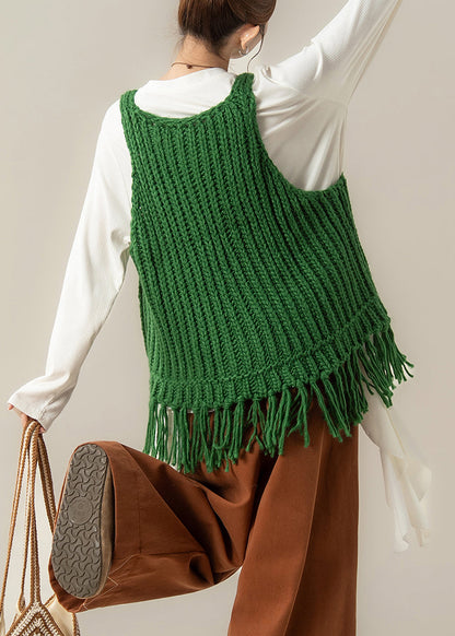 Green V Neck Tasseled Knit Vest and White Cotton T Shirt Two Pieces Set Fall
