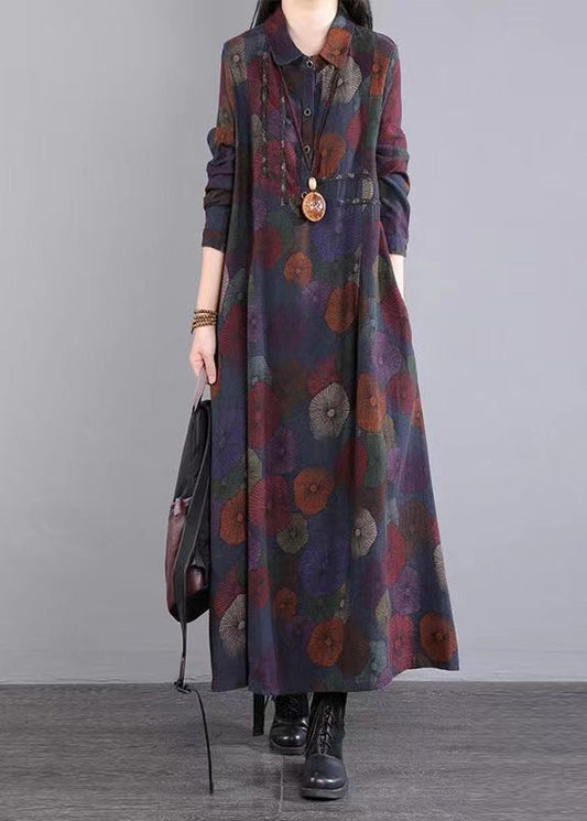 Purple Peter Pan Collar Patchwork Cotton Maxi Dresses Fall