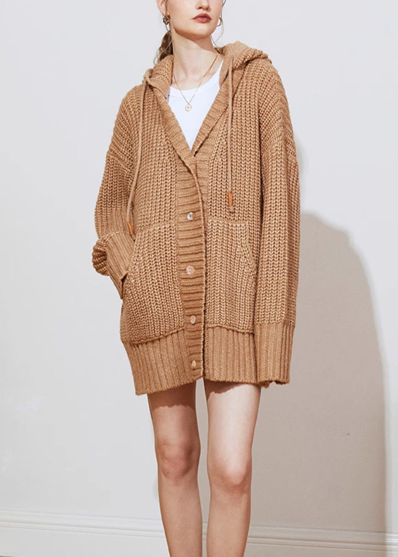 Italian Khaki Woolen Hooded Sweaters Coat Fall