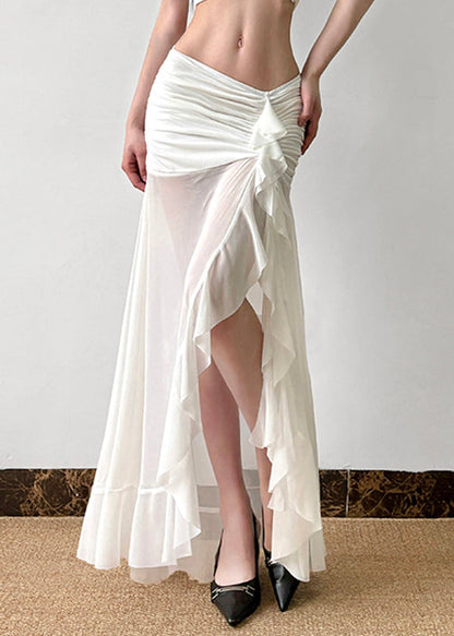 White Wrinkled Side Open Tulle Skirt Summer