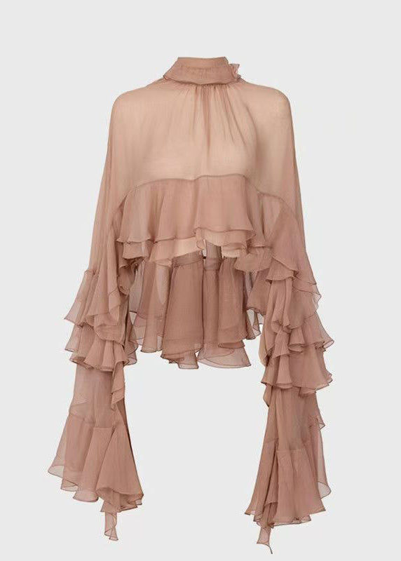 Stand Collar Ruffled Patchwork Chiffon Shirt Long Sleeve