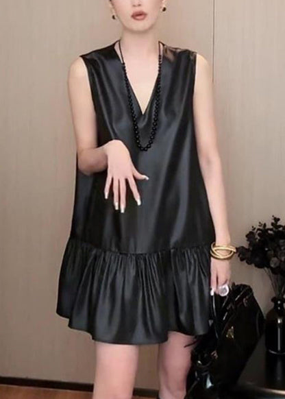 New Black V Neck Silk Mid Dress Sleeveless